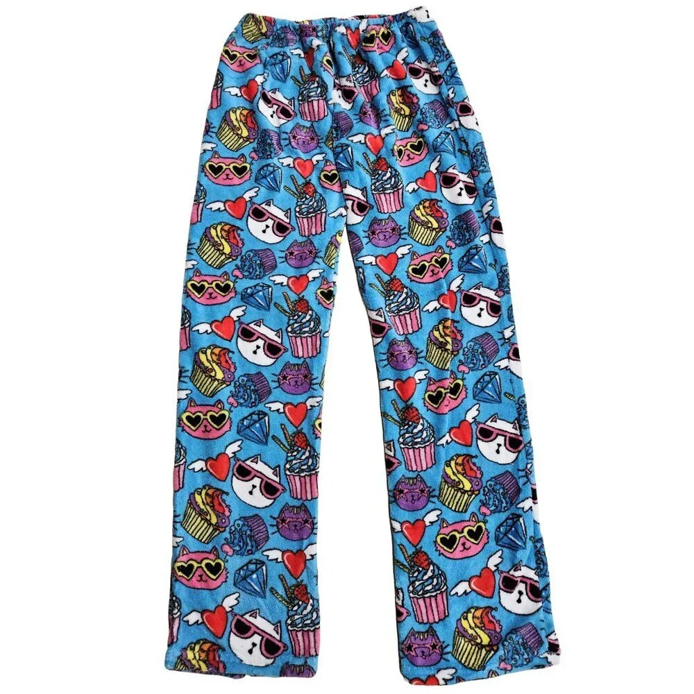 Girls' Plush Pajama Pants, Size Junior Small, Cool Cats and Cupcakes Print